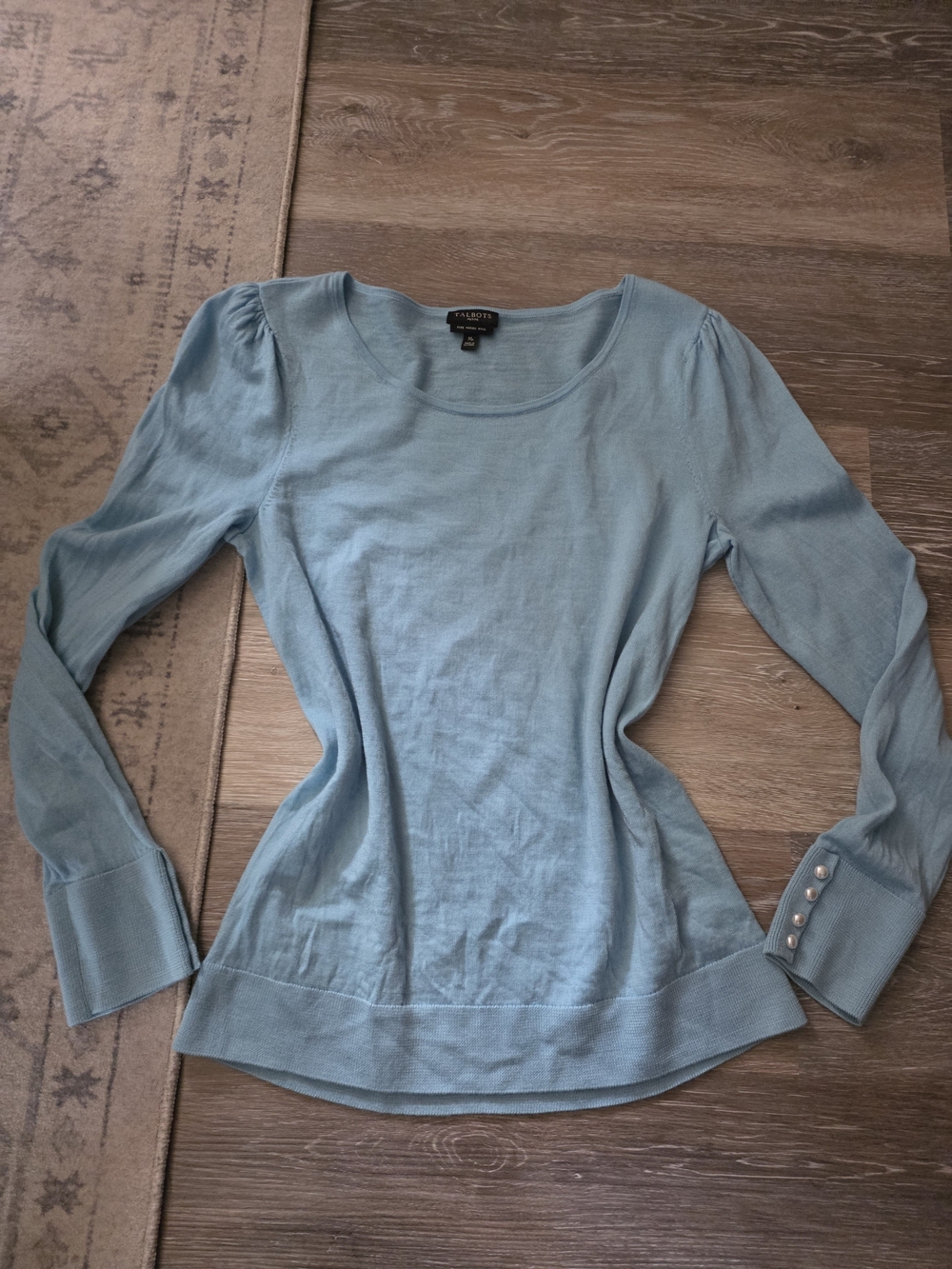 Talbots Dusty Blue Long Sleeve Scoop Neck Top with Pearl Buttons